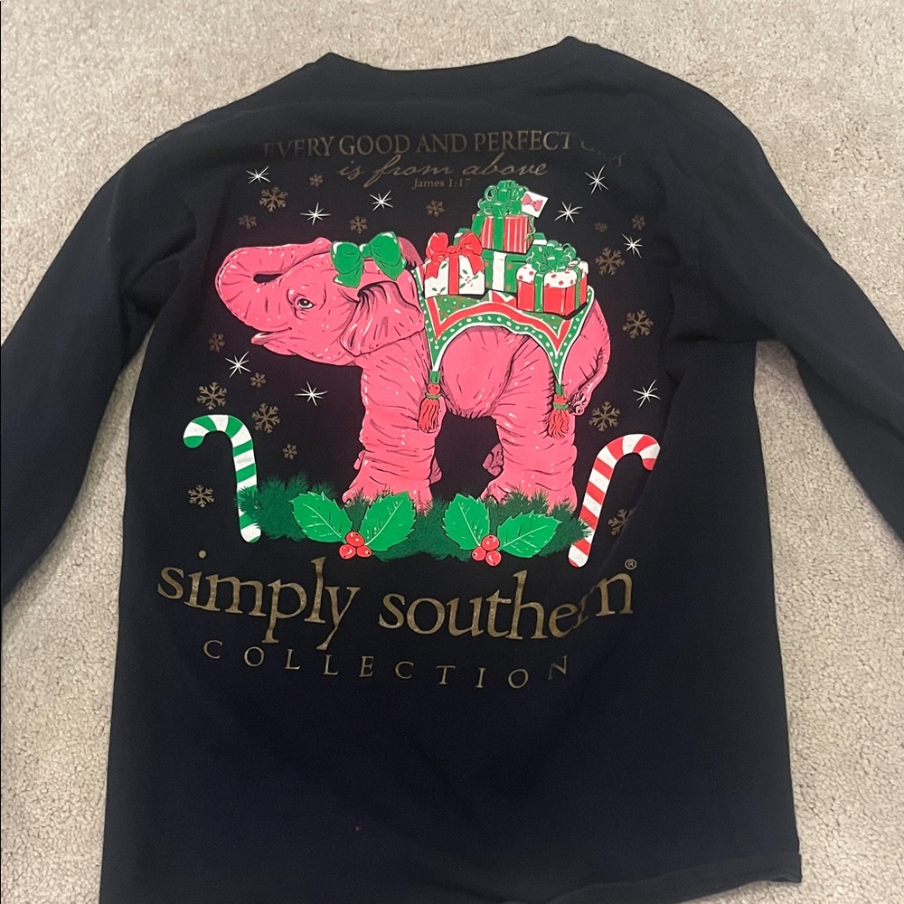 Simply Southern Long Sleeve Tee Christmas - Black with Festive Pink Elephant